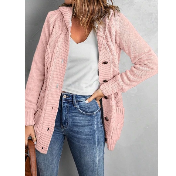 Navy Blue Faux Sherpa Knit Hooded Cardigan Front Pockets Long Sleeves Hip Length - Picture 15 of 16